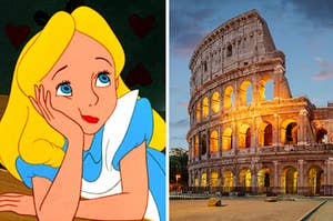 Alice from alice in wonderland on the left thinking and the colosseum in rome on the right