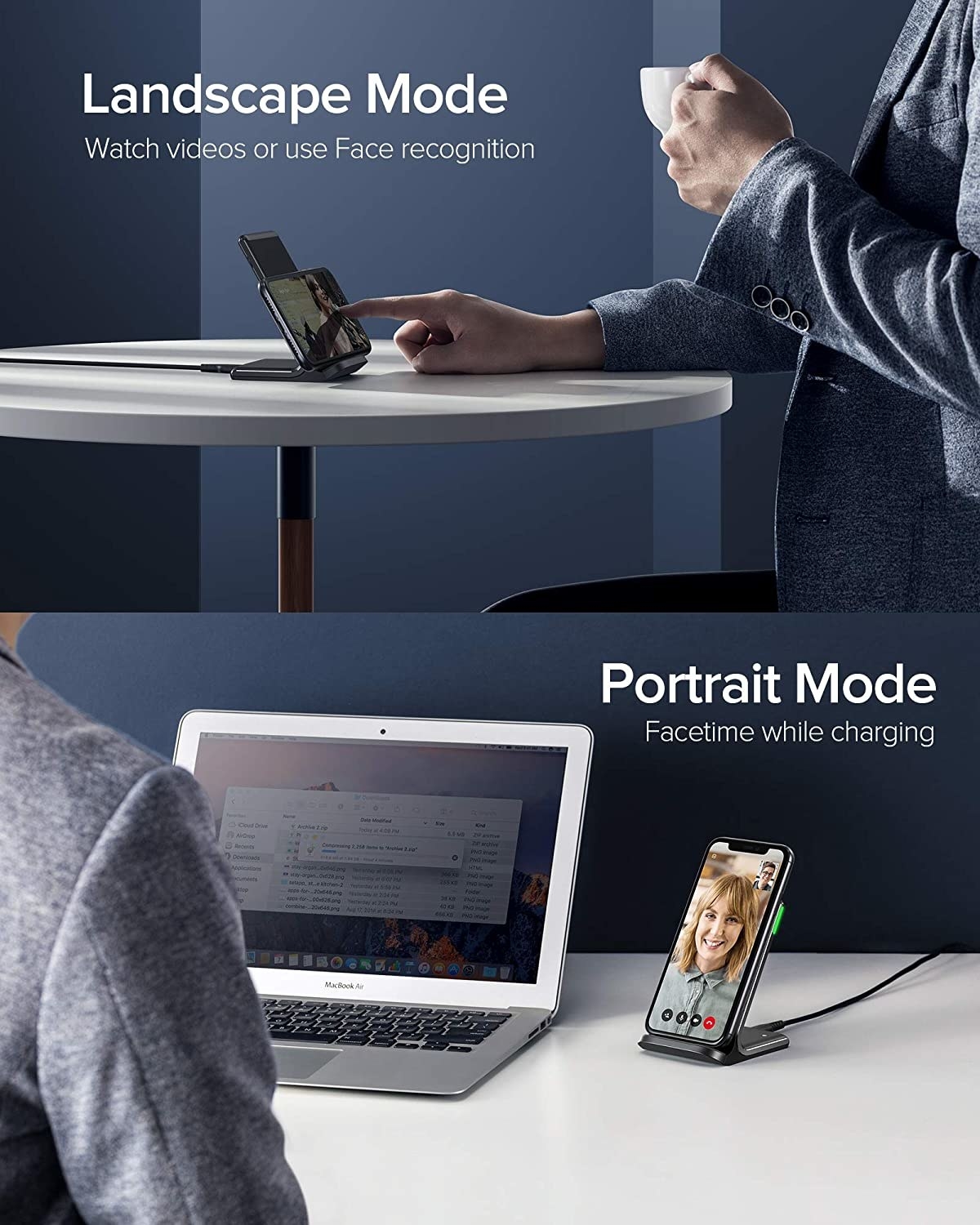 A person using the charger with their phone in landscape mode and a person using it in portrait mode