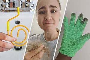 A person's hand holding up a wiry drain snake in front of a sink, A person holding up a ball of hair, A person's hand wearing a microfibre glove that has dust on the fingertips