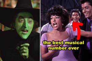 Side-by-side of the Wicked Witch from "The Wizard of Oz" and Rita Moreno singing in "West Side story"