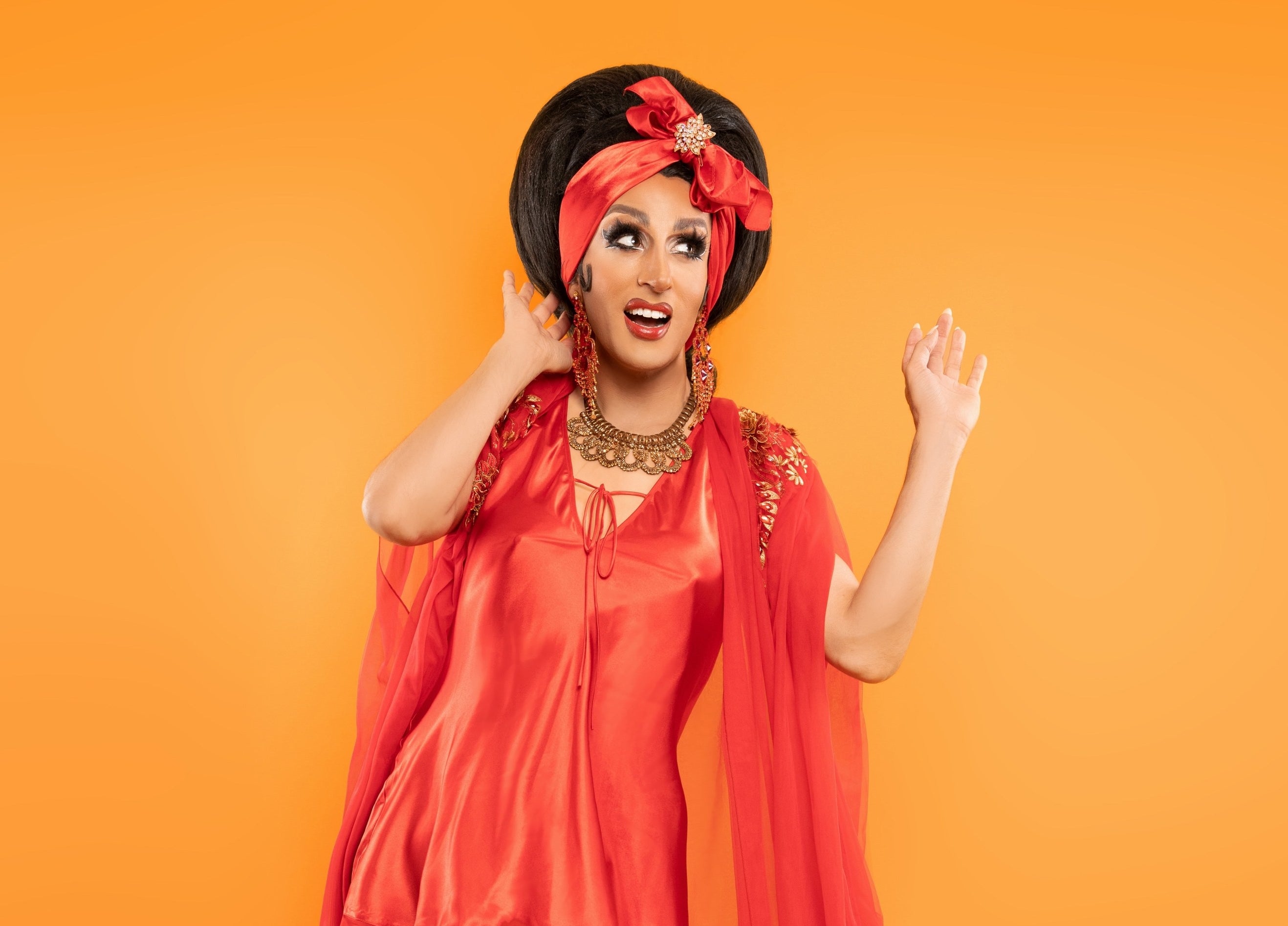 Jackie in a 1960s style orange nightgown