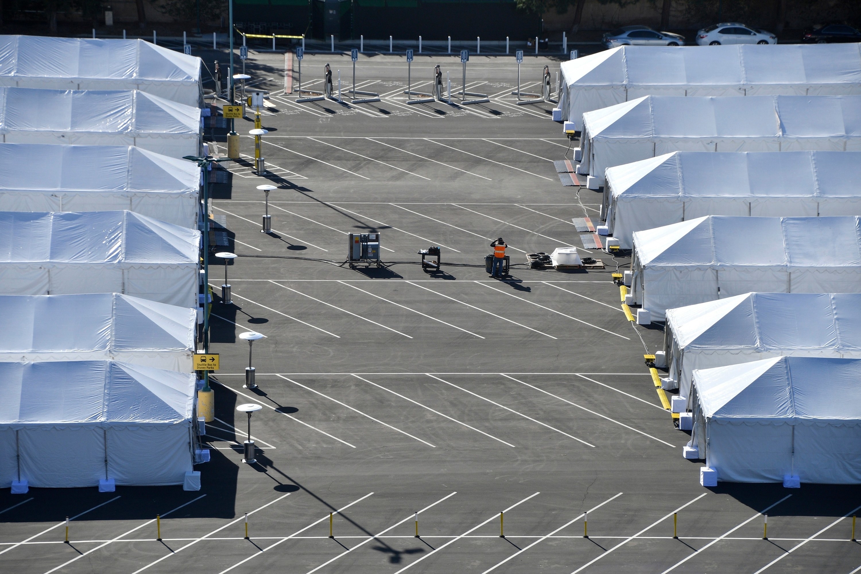 Tents set up in a parking lot