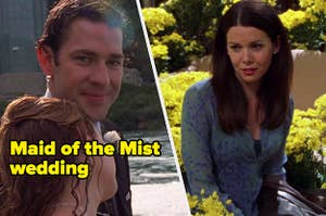 "Maid of the Mist wedding" written over Jim smiling at the camera on "The Office" and Lorelai surrounded by yellow daisies on "Gilmore Girls'