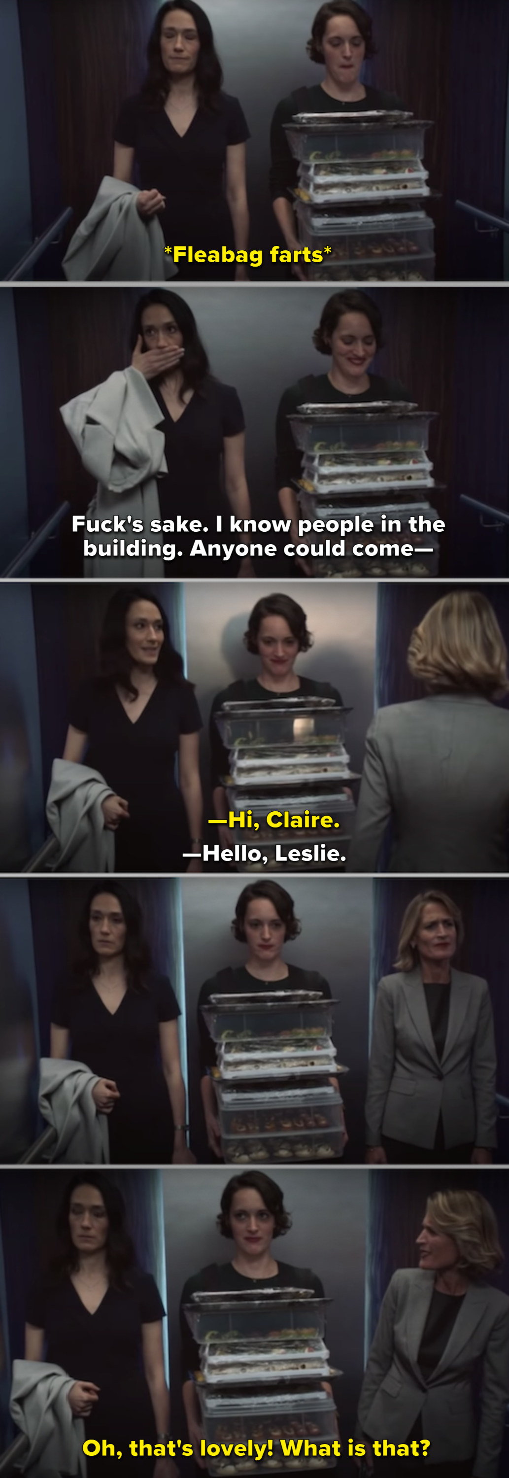 Fleabag farting in the elevator while carrying a tray of food, and one of Claire&#x27;s coworkers walks in