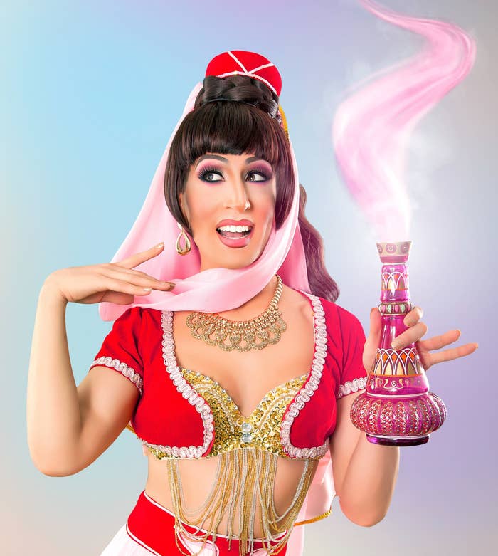 Jackie dressed as Jeannie from I Dream of Jeannie and holding a magic lamp