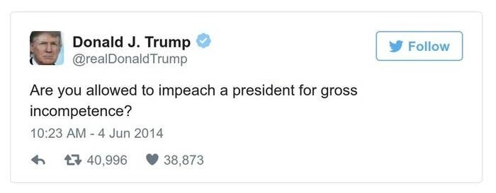 A Trump tweet reads, Are you allowed to impeach a president for gross incompetence?