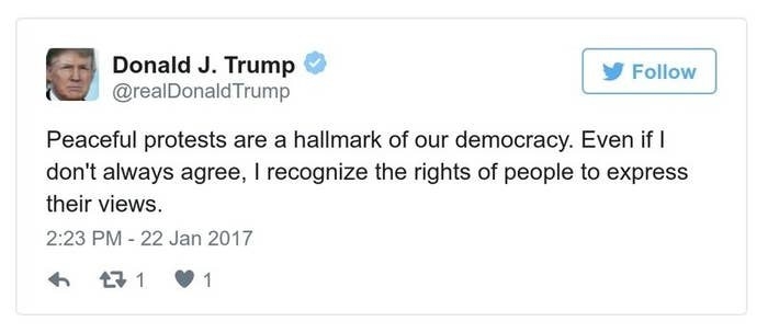A Trump tweet reads, Peaceful protests are a hallmark of our democracy. Even if I don&#x27;t always agree, I recognize the rights of people to express their views.