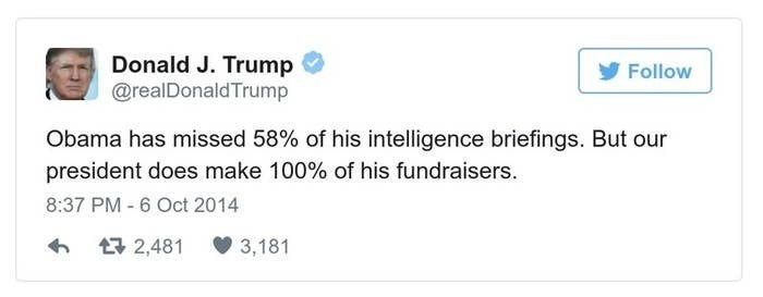 A Trump tweet reads, Obama has missed 58% of his intelligence briefings. But our president does make 100% of his fundraisers