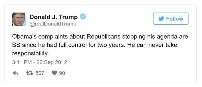 A Trump tweet reads, Obama&#x27;s complaints about Republicans stopping his agenda are BS since he had full control for two years. He can never take responsibility