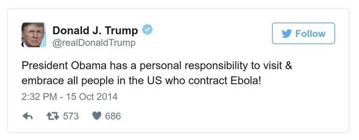 A Trump tweet reads, President Obama has a personal responsibility to visit &amp; embrace all people in the US who contract Ebola!