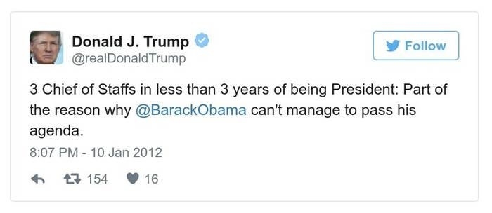 A Trump tweet reads, 3 Chief of Staffs in less than 3 years of being President: Part of the reason why @BarackObama can&#x27;t manage to pass his agenda