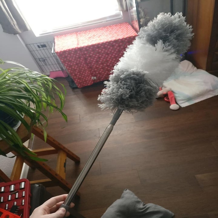 Amazon reviewer holding extendable duster