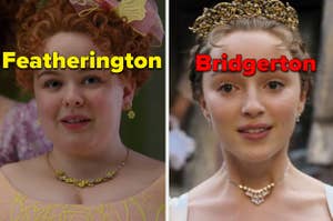Penelope is on the left labeled "Featherington" with Daphne on the right in a crown labeled, "Bridgerton"
