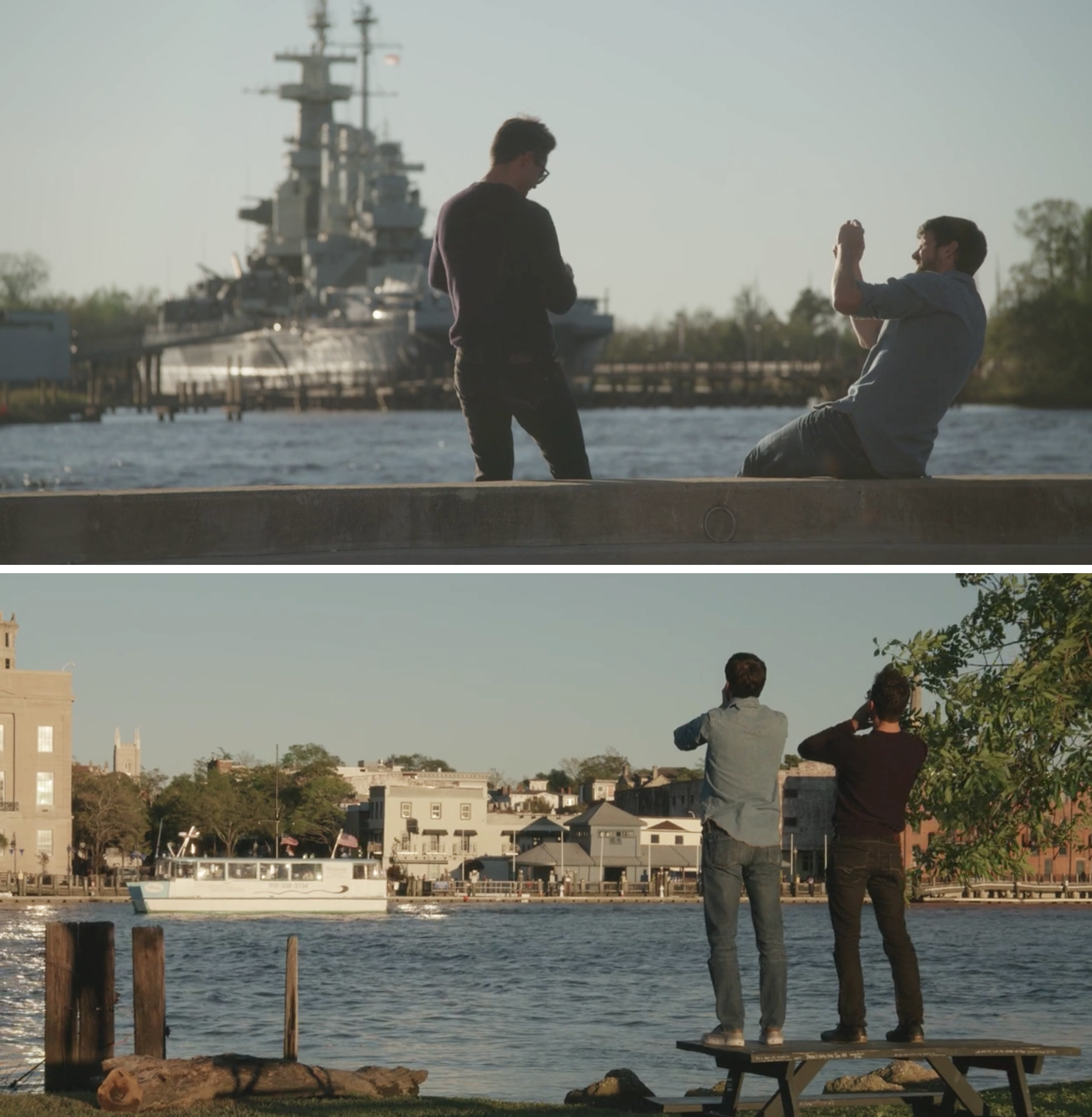 Jeremy and Seth taking pictures by the water and Jeremy and Seth standing near what looks to be the river court from One Tree Hill