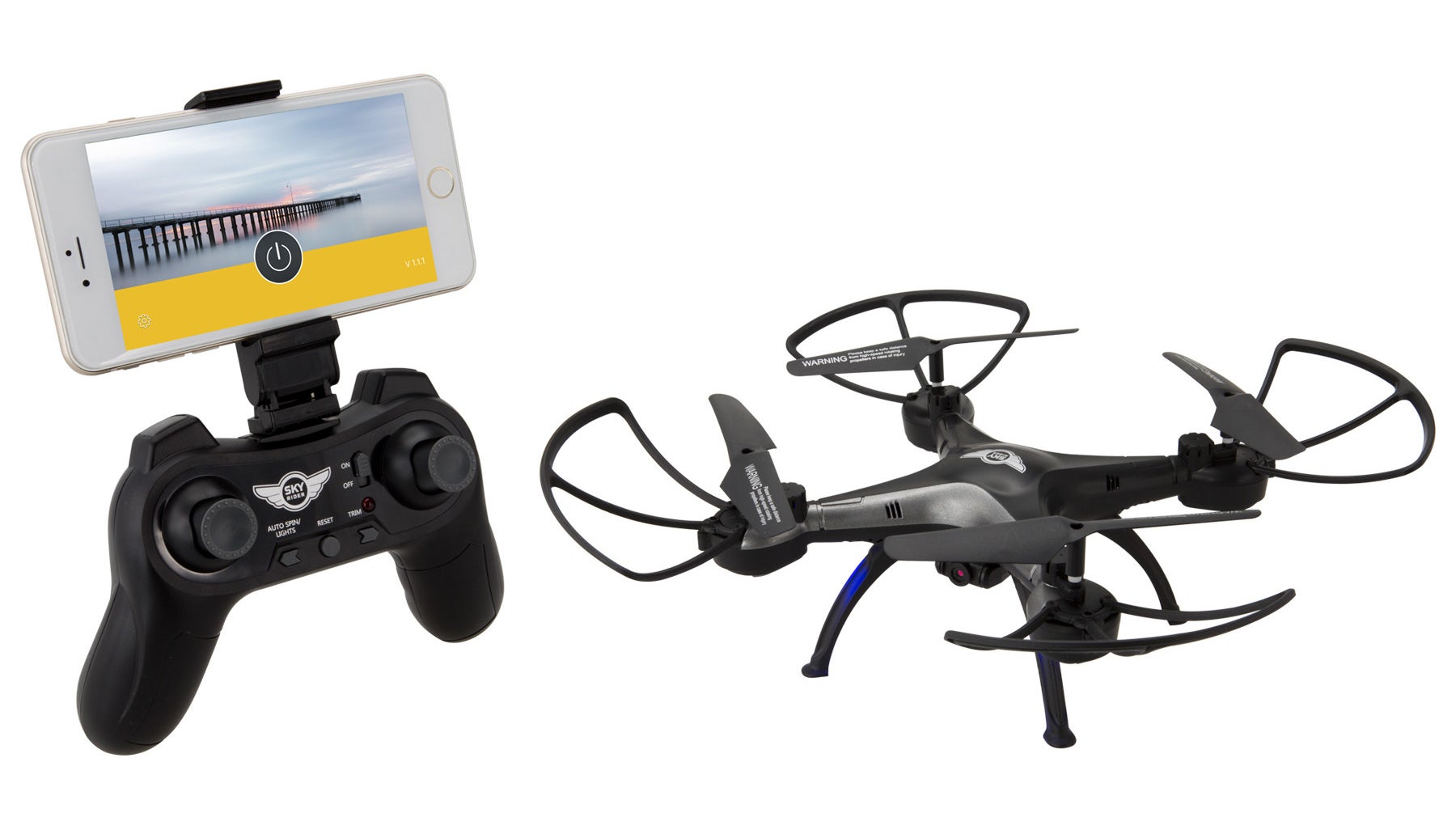 a controller and iphone on the left and the quadcoptor drone on the right