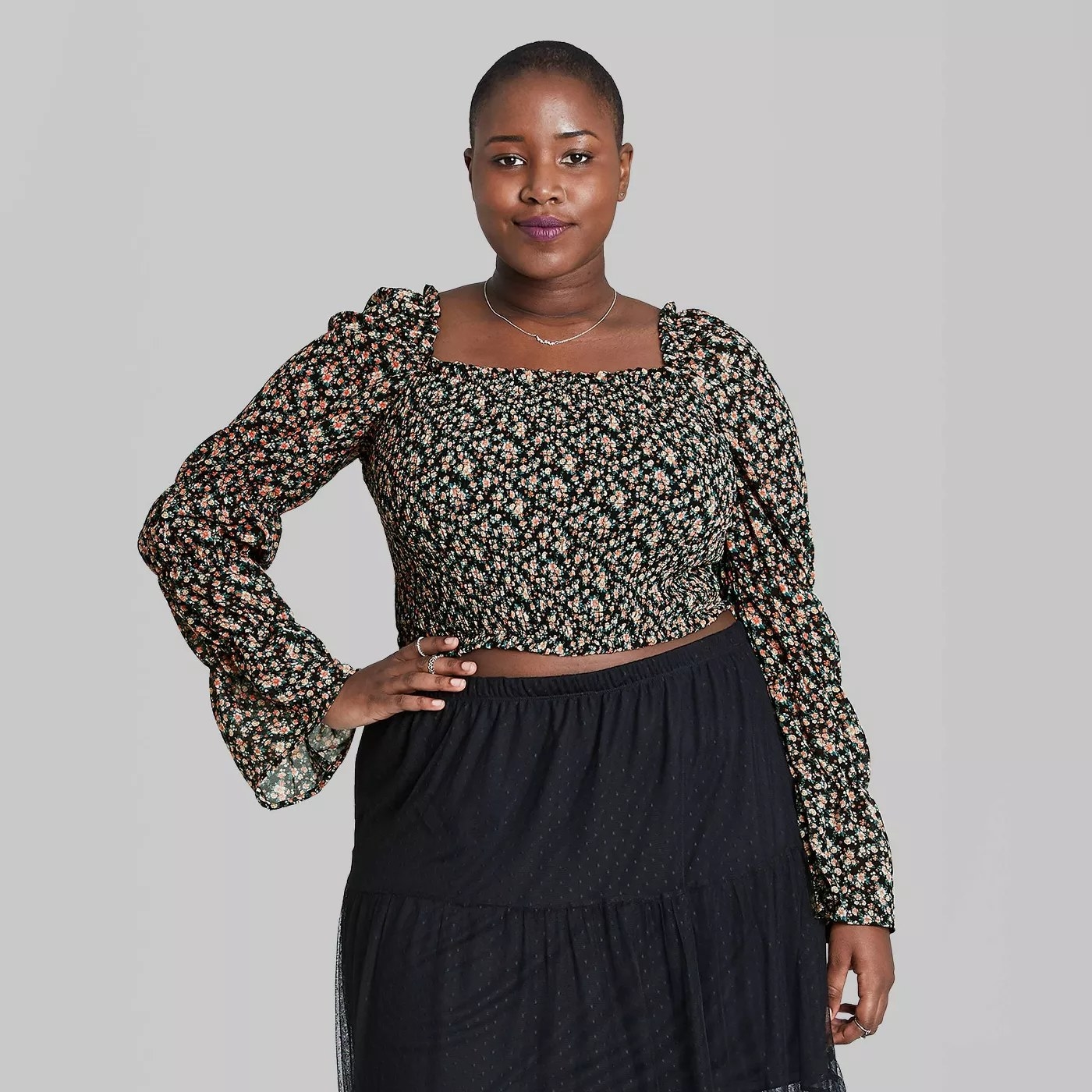black square neck milkmaid top with tiered sleeves. 