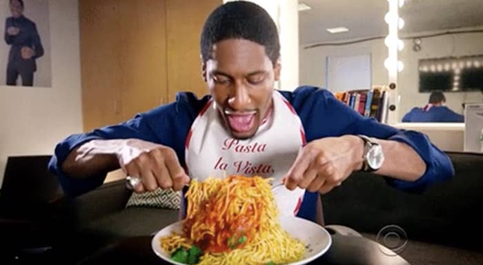 Jon Batiste eating spaghetti in his dressing room on "The Late Show With Stephen Colbert"