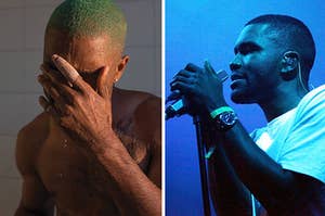 Frank Ocean singing next to his album cover for Blonde