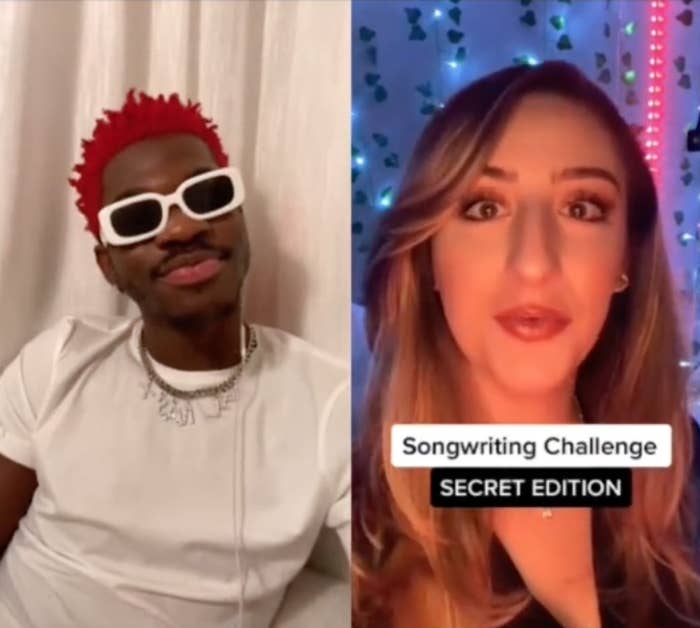 Lil Nas X in his TikTok next to the TikToker who started the challenge, which is called "Songwriting Challenge: Secret Edition"