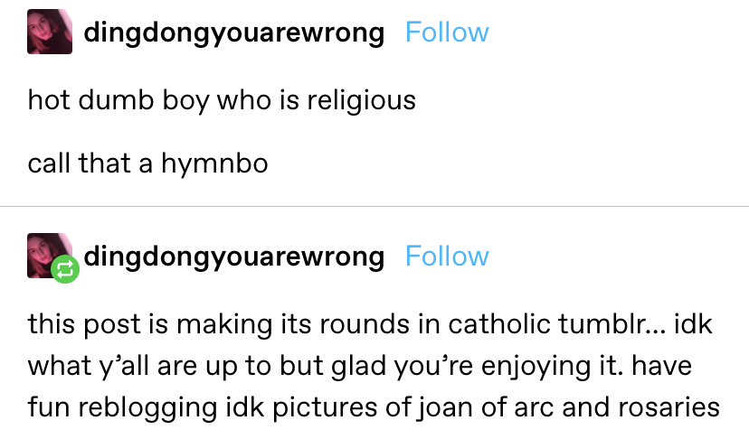 &quot;hot dumb boy who is religious — call that a hymnbo&quot; then the user saying the post is making the rounds on Catholic tumblr