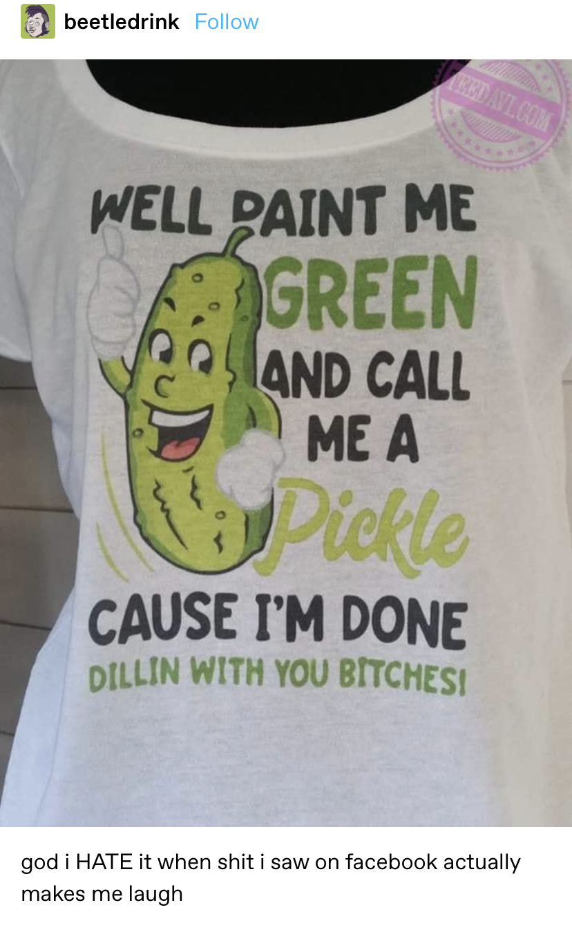 a shirt that says &quot;Well paint me green and call me a pickle, &#x27;cause I&#x27;m done dillin&#x27; with you bitches&quot;
