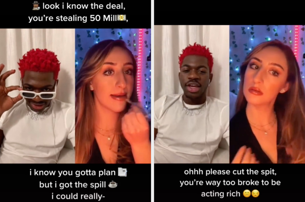 Lil Nas X raps original lyrics on TikTok: &quot;Look I know the deal, you&#x27;re stealing 50 mill; I know you gotta plan, but I got the spill; I could really&quot; and then continues: &quot;Oh, please cut the spit; you&#x27;re way too broke to be acting rich&quot;