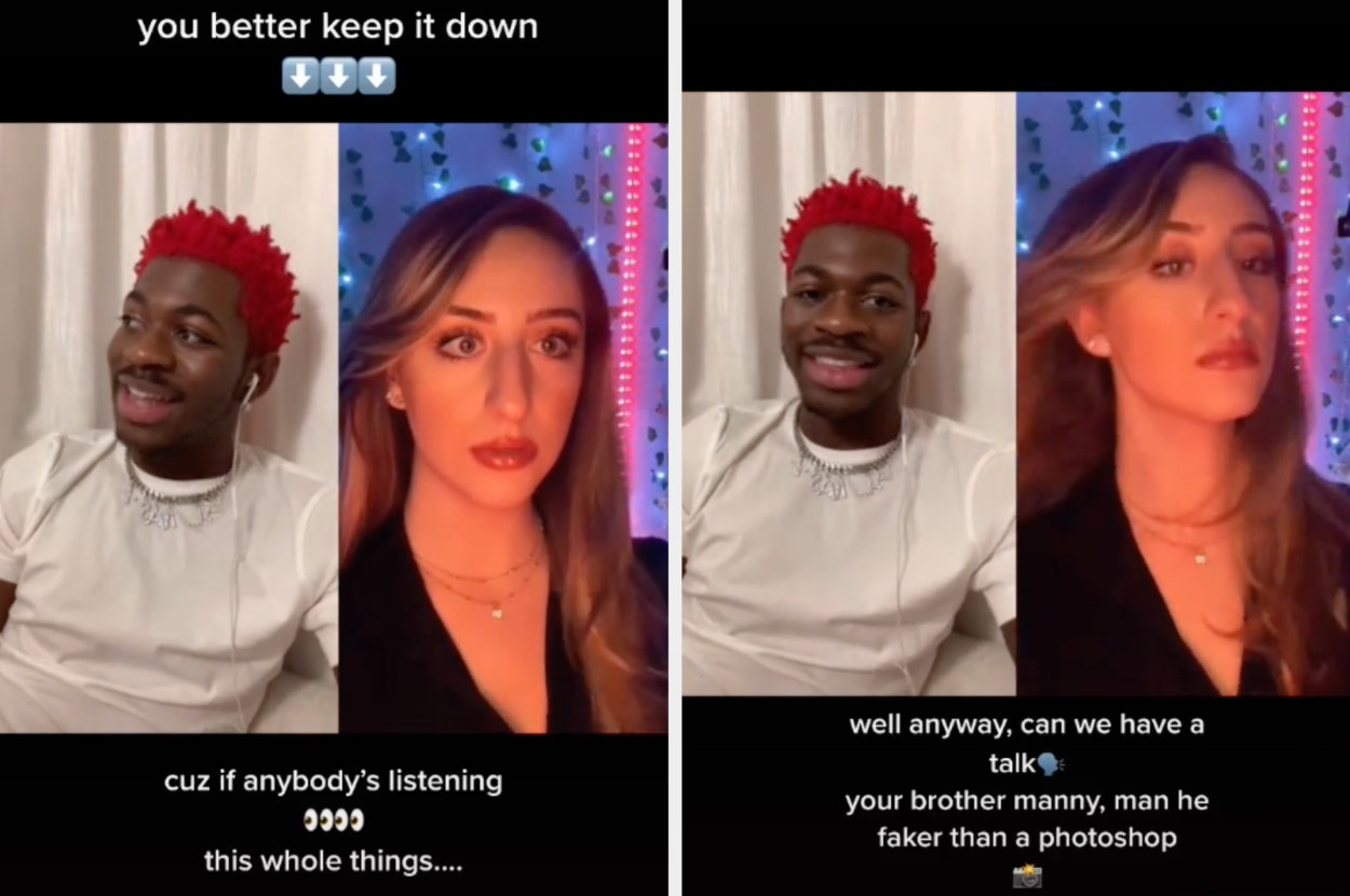 Lil Nas X continues his original TikTok rap: &quot;you better keep it down, &#x27;cause if anybody&#x27;s listening, this whole things&quot; and then continues: &quot;Well anyway, can we have a talk, your brother Manny, man he faker than a Photoshop&quot; 