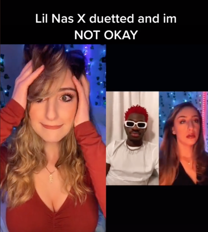 TikToker Alexa Chalnick grabs her hair in shock as she reacts to Lil Nas X duetting her video