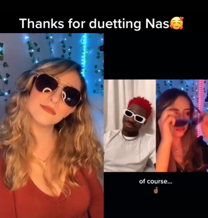 TikToker Alexa Chalnick finishes her reaction with a thank-you: "Thanks for duetting, Nas"