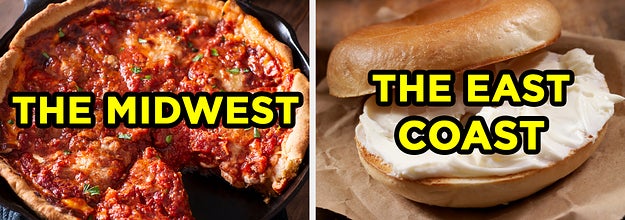 On the left, a deep dish pizza labeled