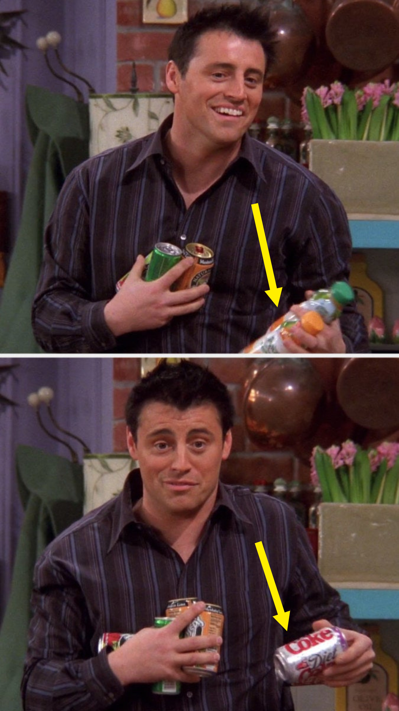 Joey is holding juice in his left hand, then he&#x27;s got Coke in his left hand