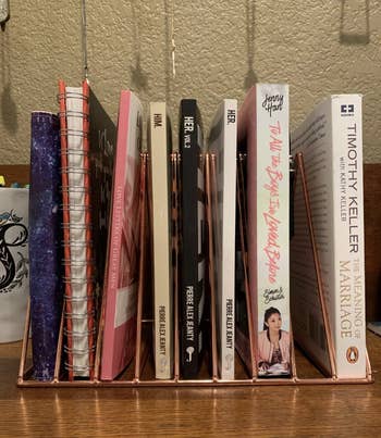 Reviewer pic of the rose gold triangle file organizer holding books and notebooks 