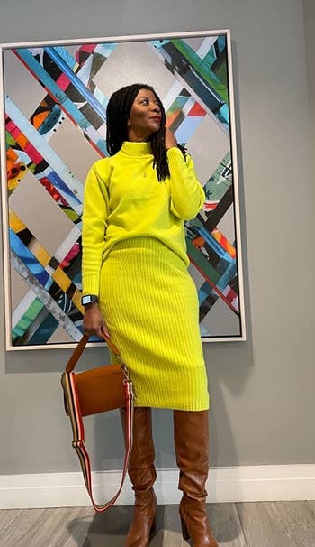Reviewer wearing chartreuse-colored set 