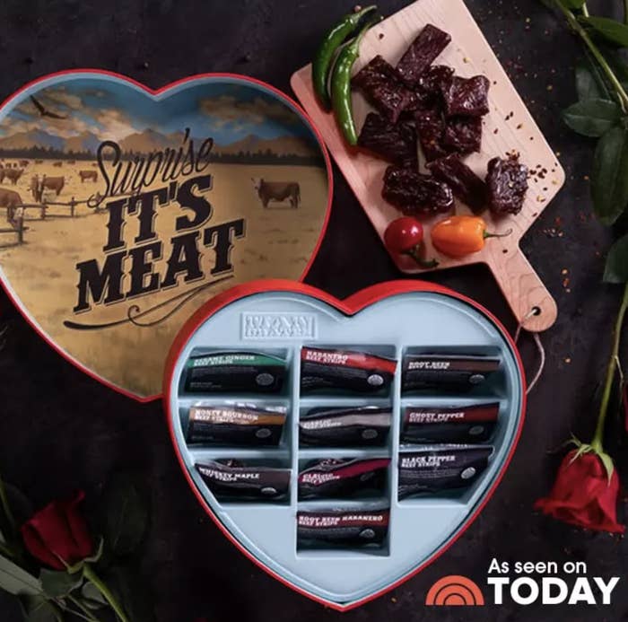 a heart shaped box filled with jerky