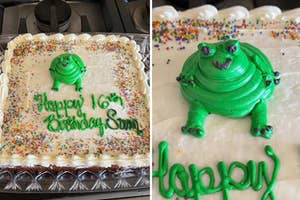 A frog made out of icing on a cake