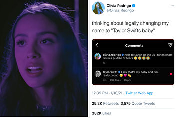 Olivia Rodrigo side by side with a tweet from her about Taylor Swift