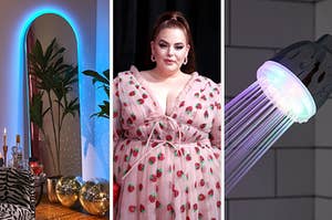 A mirror with blue LED lights behind it on the left, tess holliday wearing the infamous strawberry dress in the middle, and an LED shower head on the right