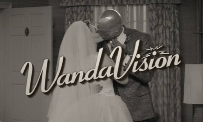 Wanda and Vision kissing on what appears to be their wedding day