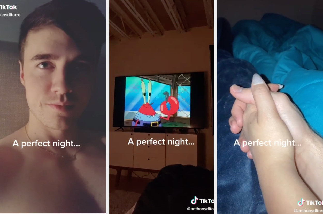 Anthony and Lana holding hands and watching spongebob, which he calls a perfect night