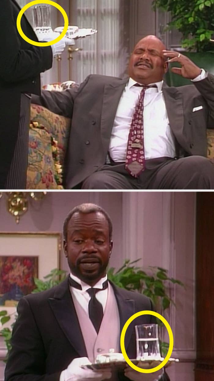 The glass on Geoffrey's tray is pretty empty, then it's pretty full