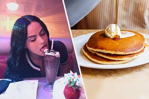 Veronica from Riverdale drinking a milkshake next to some pancakes