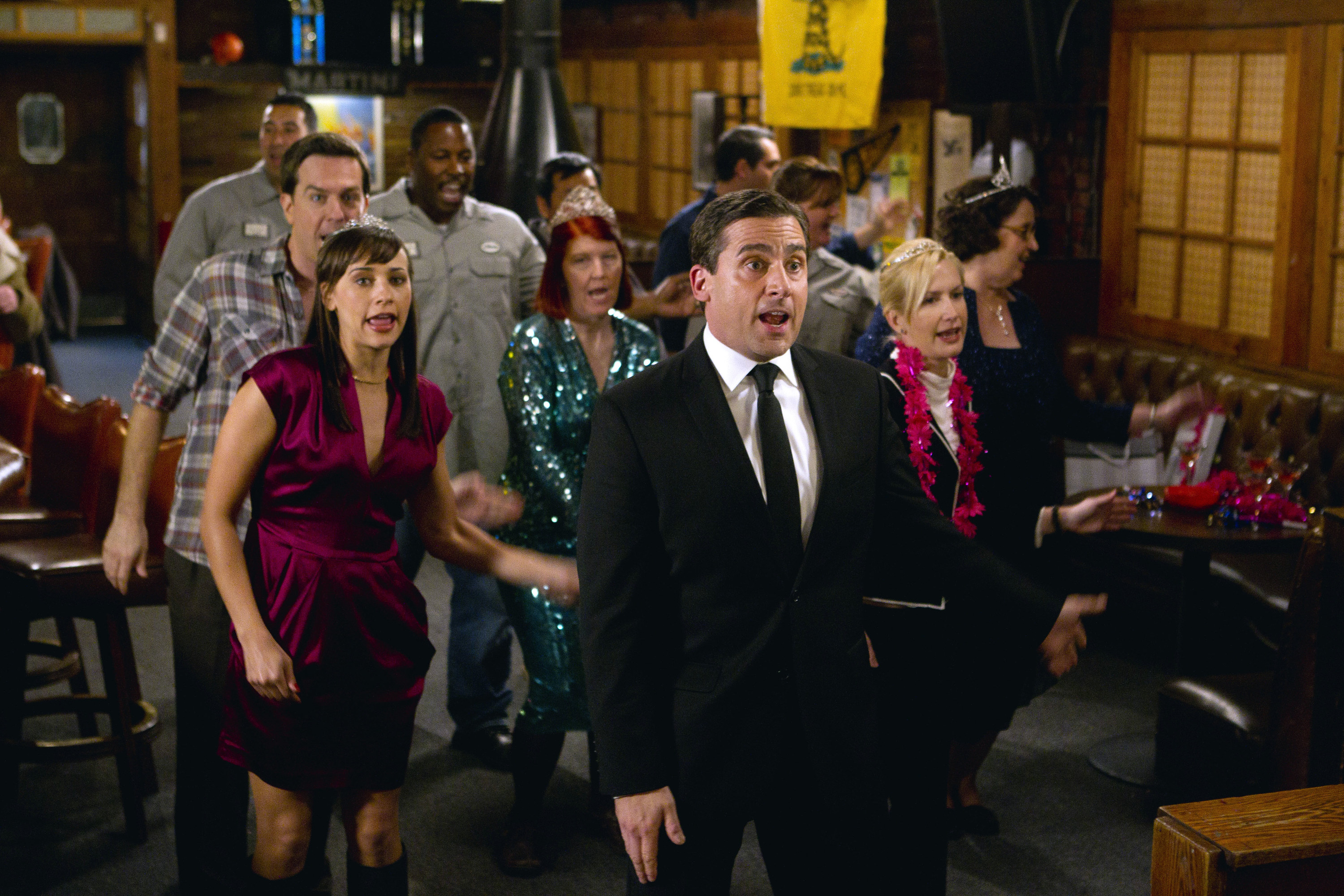 The cast of The Office in the episode "Threat Level Midnight"