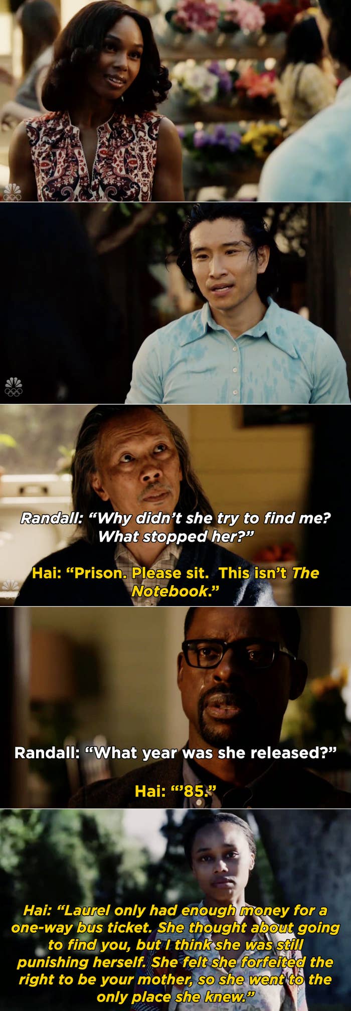 Hai telling Randall that prison stopped Laurel from looking for him and that she was "punishing herself" after prison