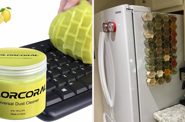 A dust cleaner // Spices on a fridge