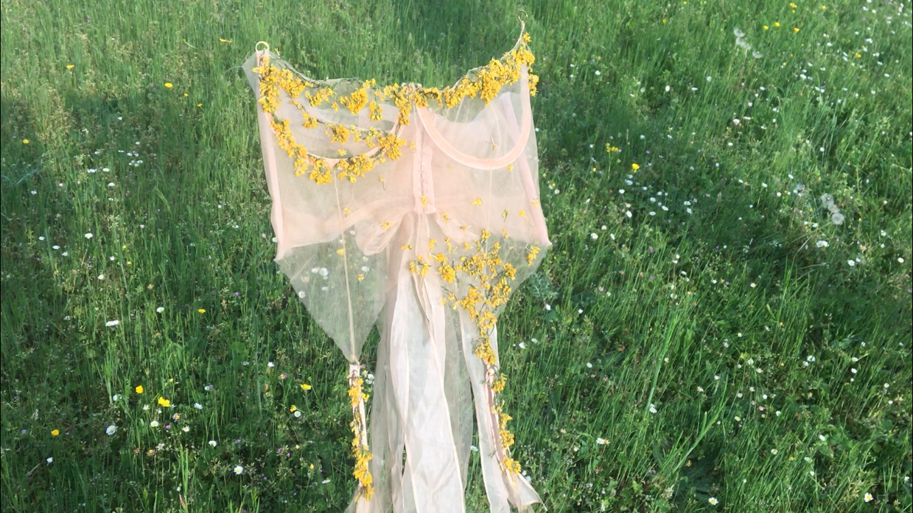 A corset with yellow flowers on a grassy background