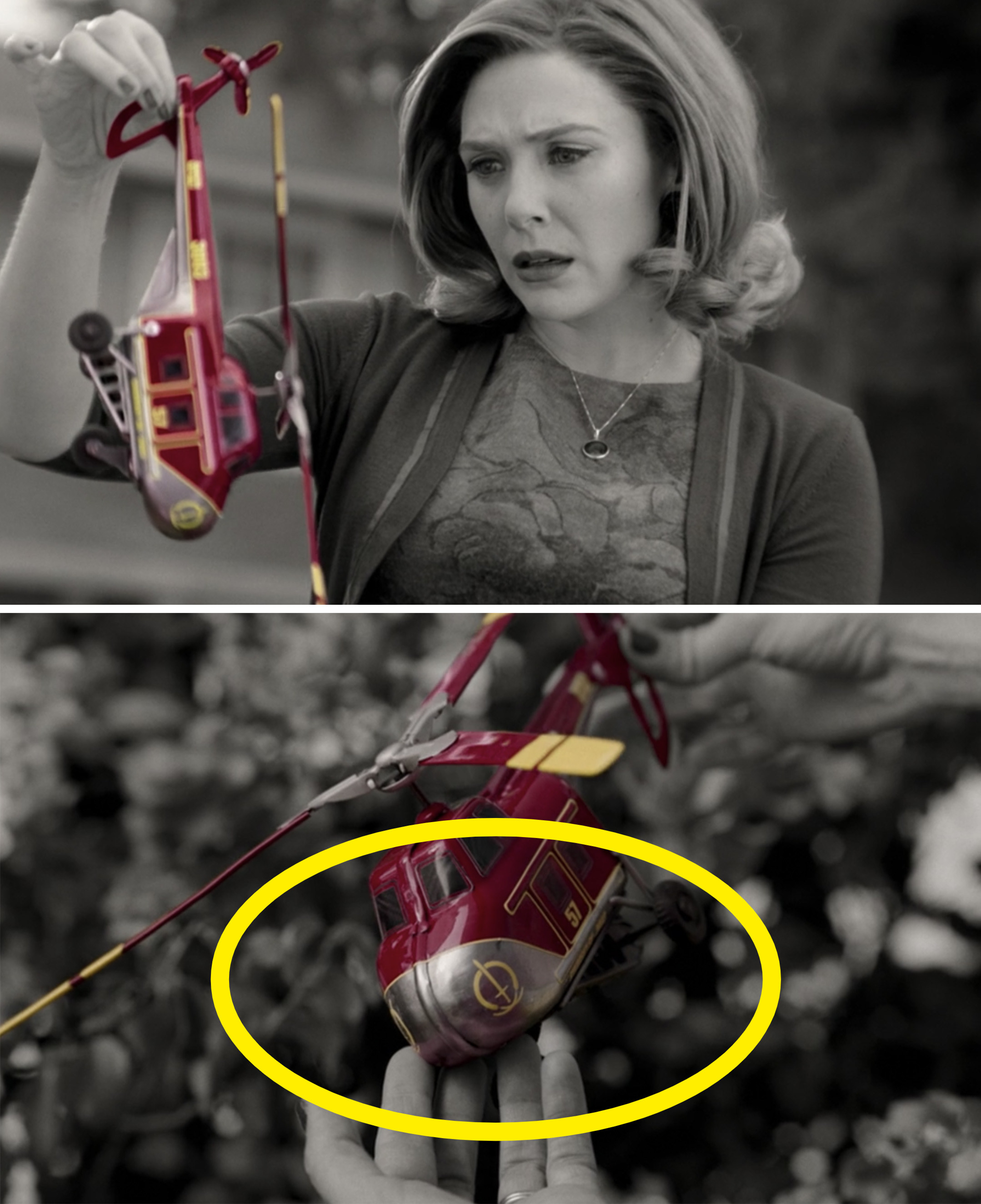 Wanda holding up a red helicopter and seeing the yellow S.W.O.R.D. logo