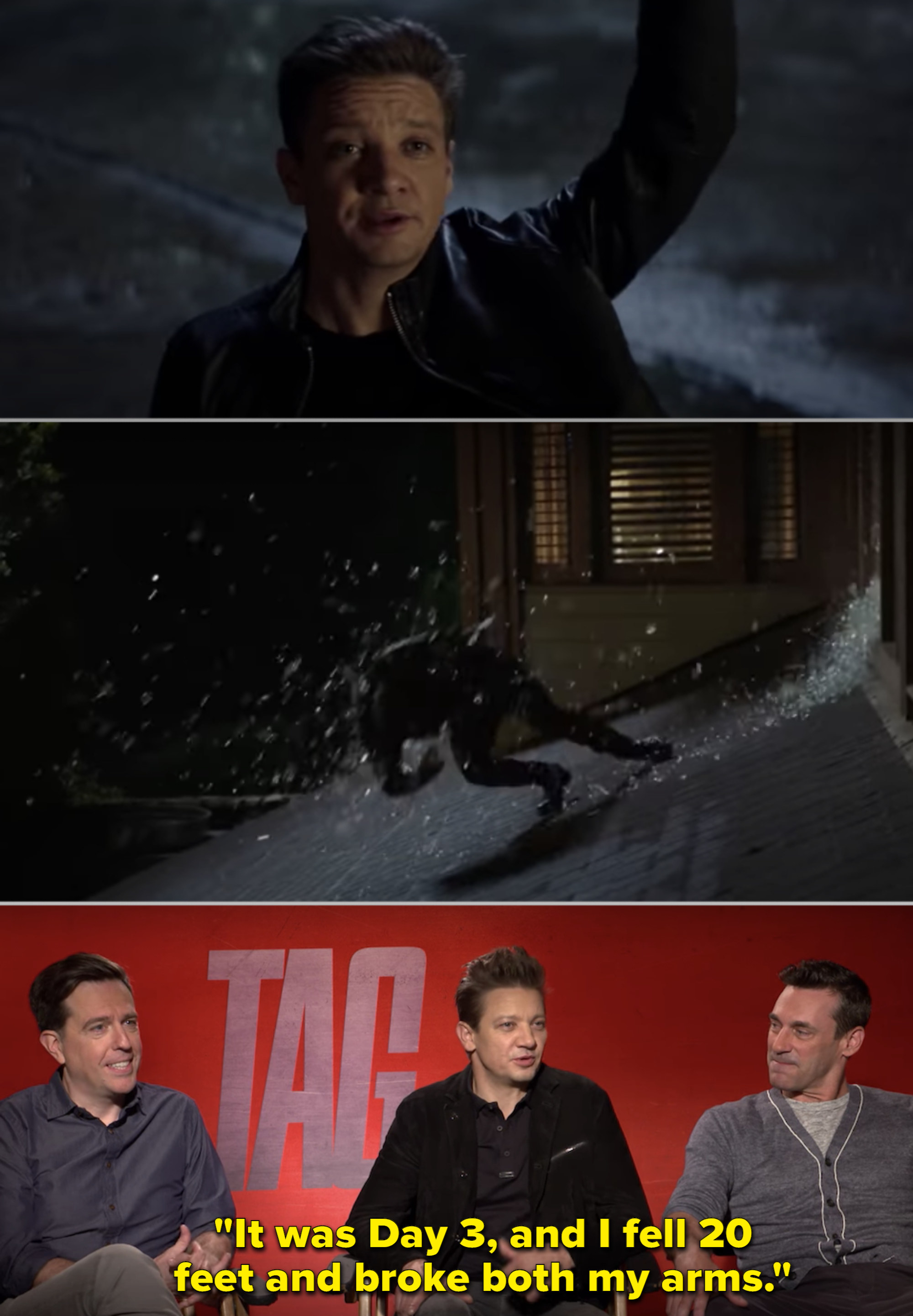 Jeremy Renner in &quot;Tag&quot; and talking during an interview