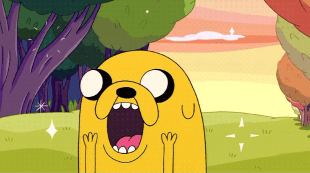 Gif of Jake the Dog from Adventure Time looking excited 