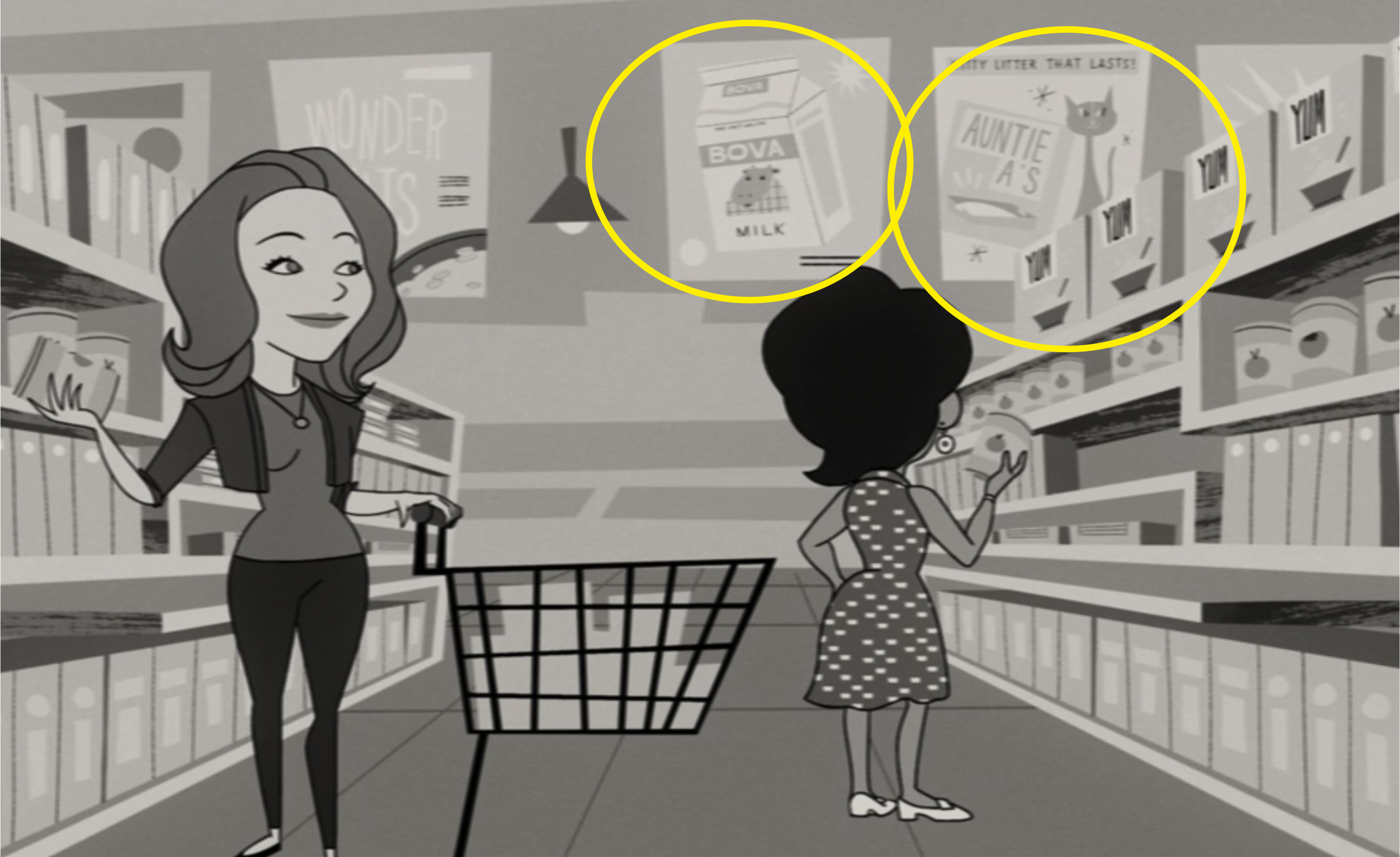 Animated Wanda standing in a supermarket aisle with "Bova milk" and "Auntie A's kitty litter" signs in the background