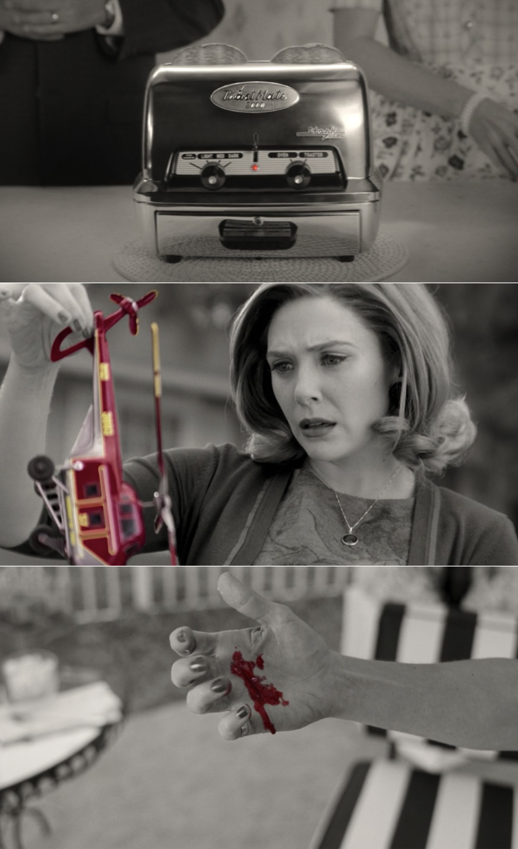 A red light on a toaster, the red helicopter Wanda finds, and blood on someone&#x27;s hand